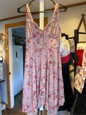 Floral Pink Mini Dress with Sweetheart Neckline